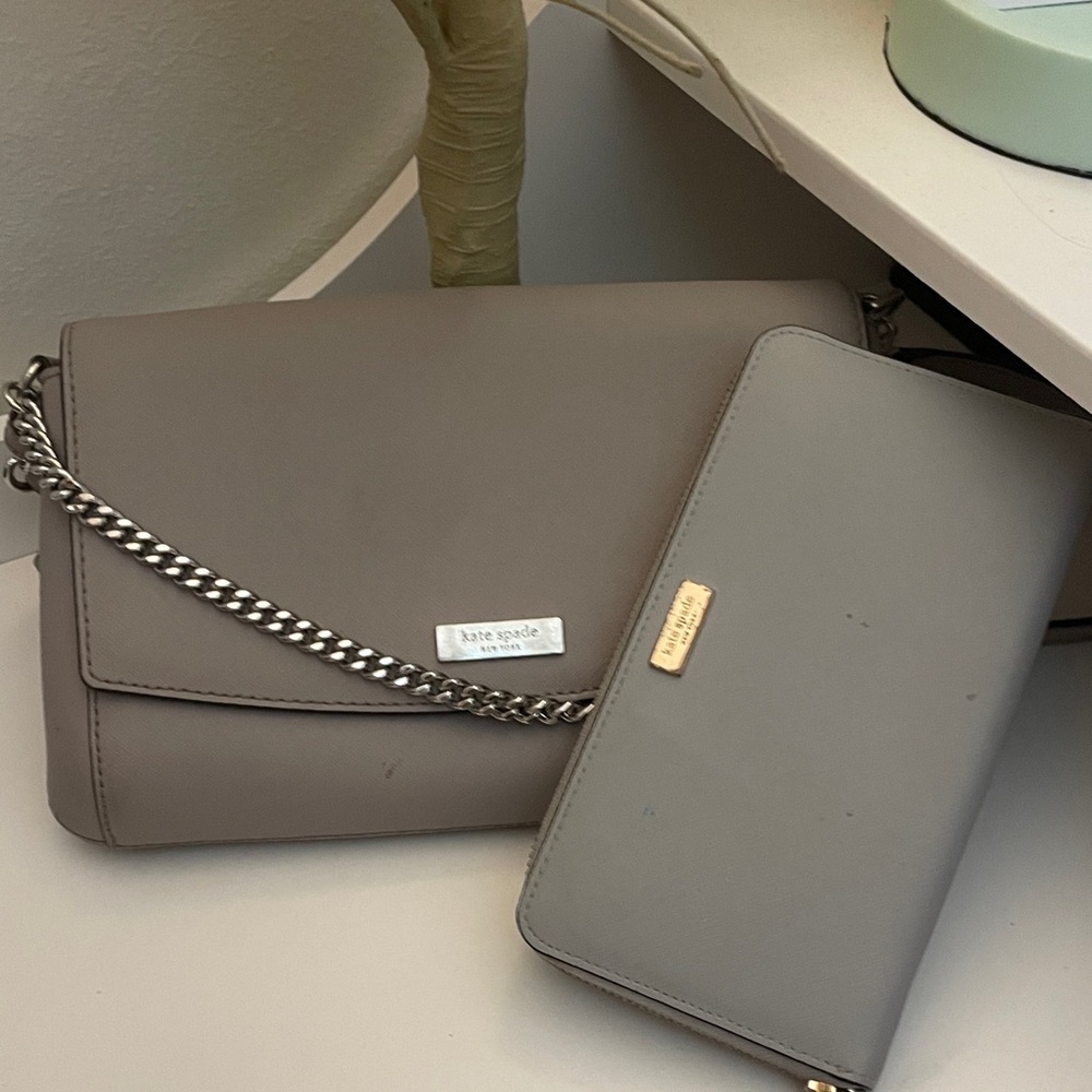 Kate spade gray taupe leather shoulder bag with silver chain and wallet